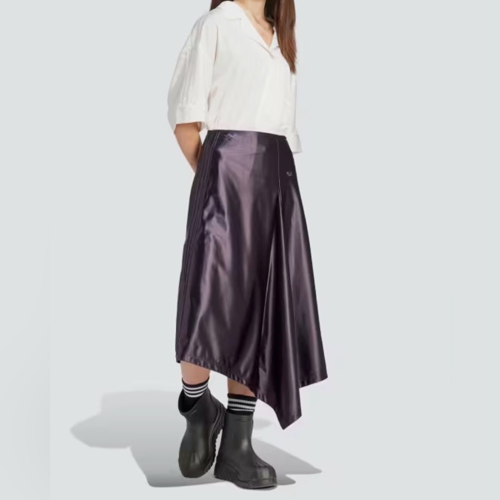 Adidas‎ Originals Midi Asymmetrical High Rise Satin Skirt in Shiny Purple Sz 2